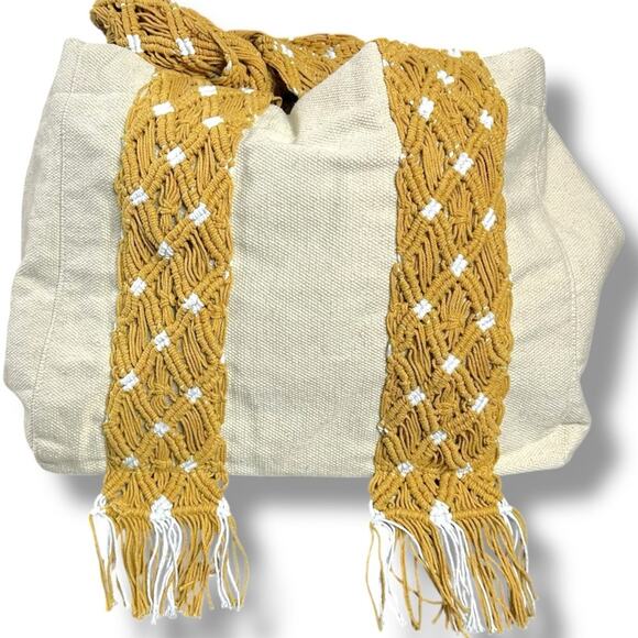 Free People Bohemian Retro 70s Mia Canvas Macrame Strap Tote Bag NWT XL Fringe - Picture 12 of 13